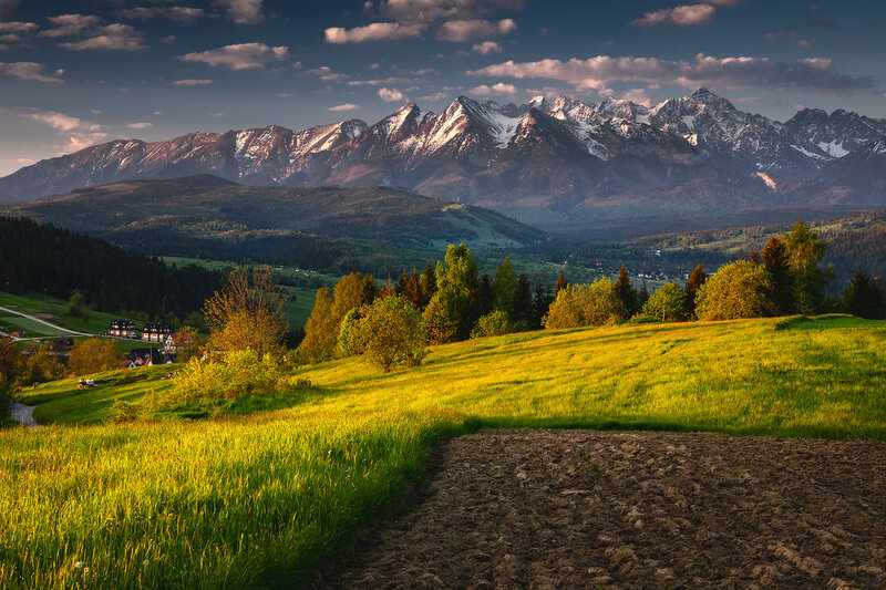 Snow-capped Mountains — Green, Serene, Sunset, Photograph, Village