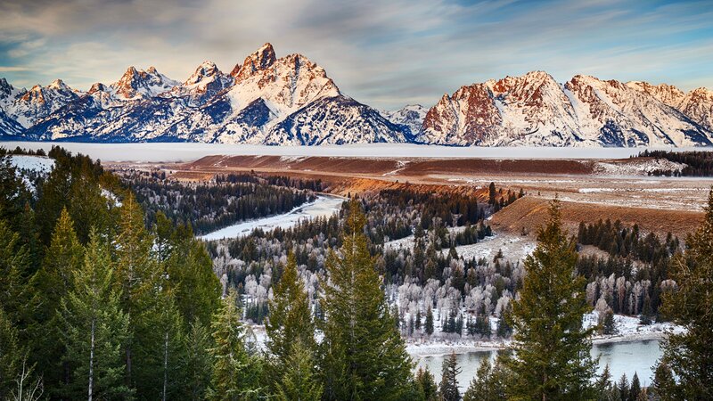 Snow-capped Mountains — Green, Serene, Winter, Photograph, River