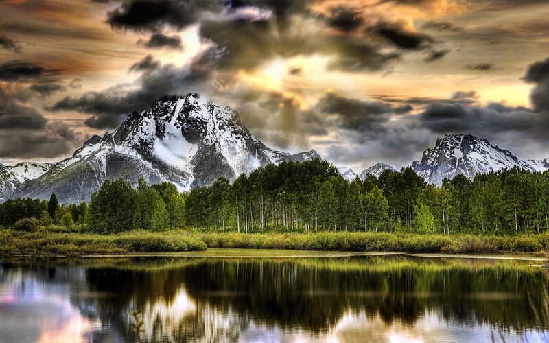 Snow-capped Mountains — Green, Trees