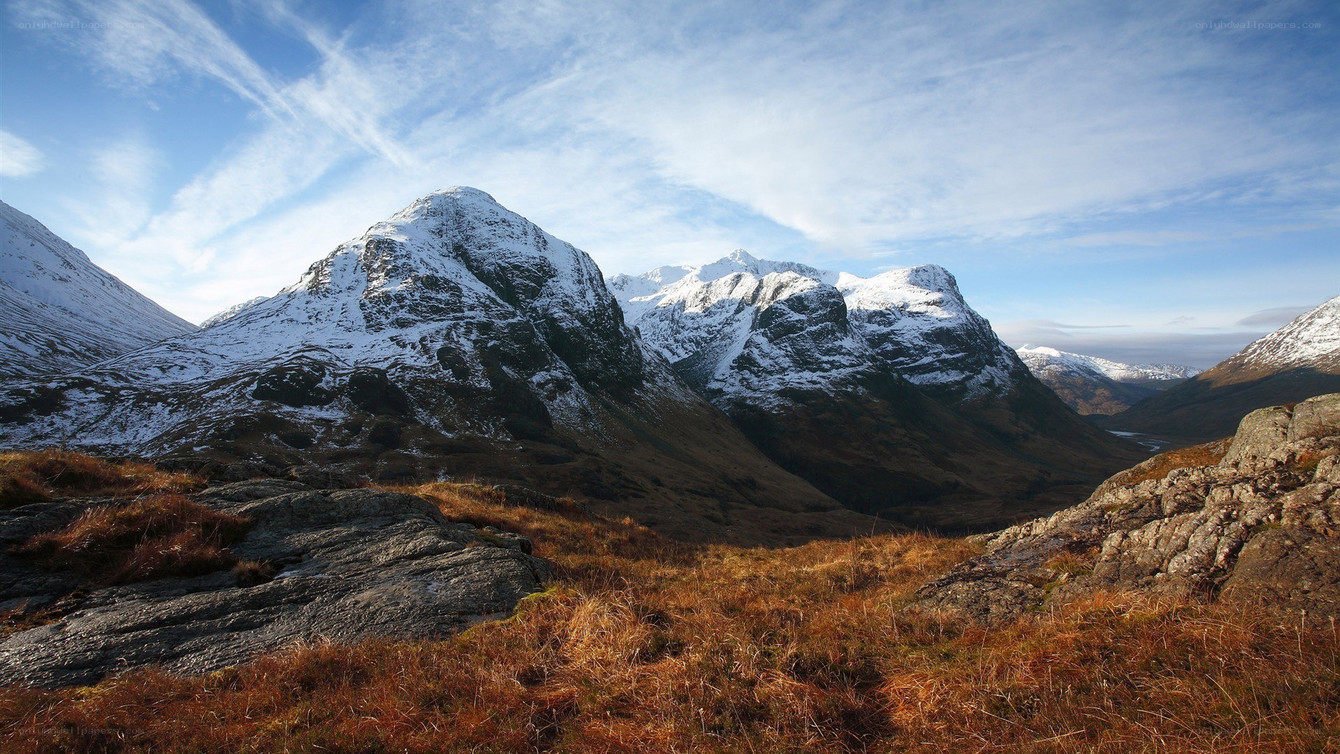 Snow-capped mountains in a valley
