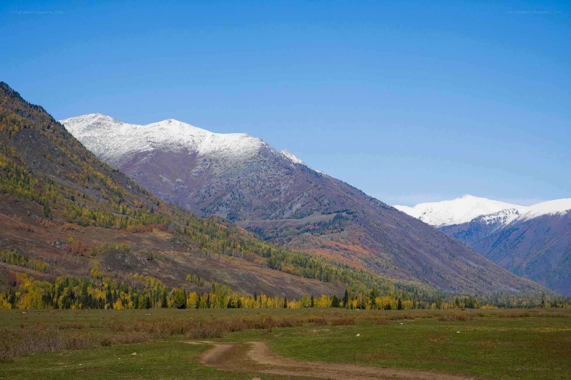 Snow-capped mountains in autumn