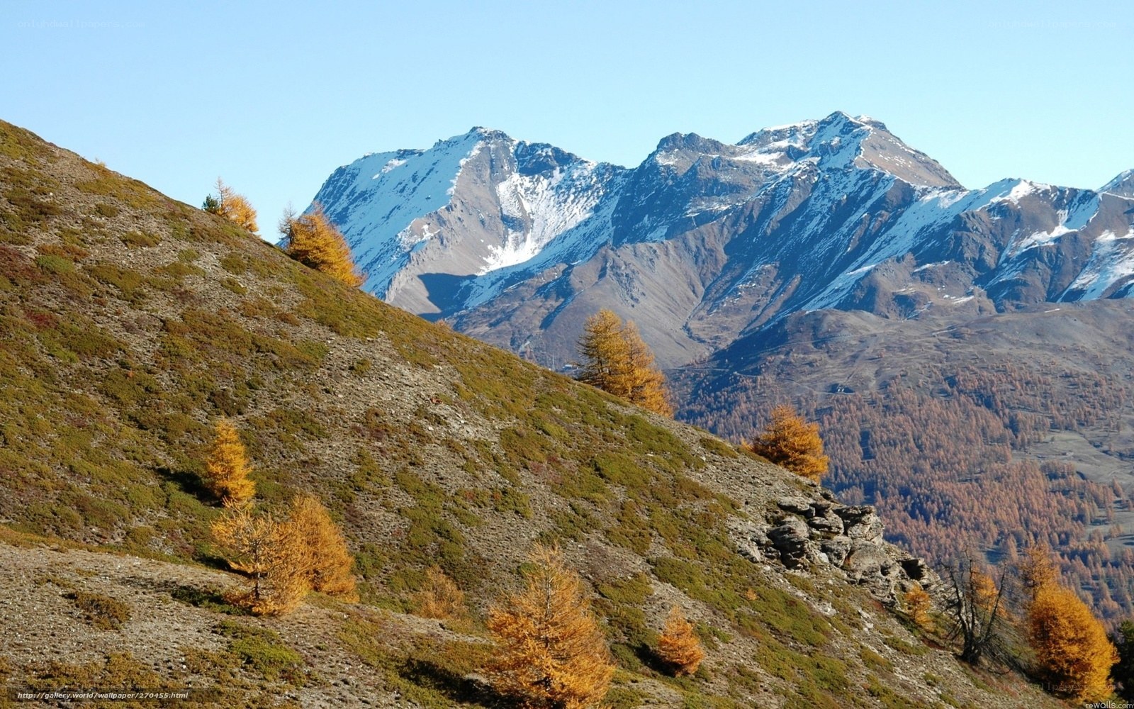 Snow-capped mountains in autumn