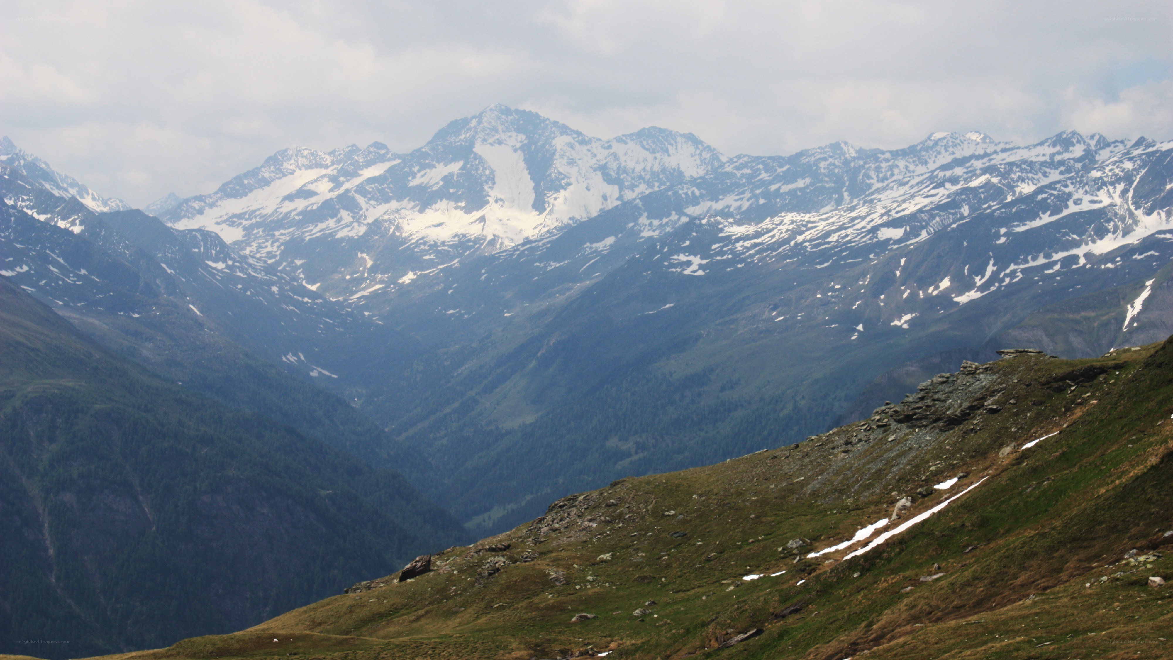 snow-capped mountains in valley