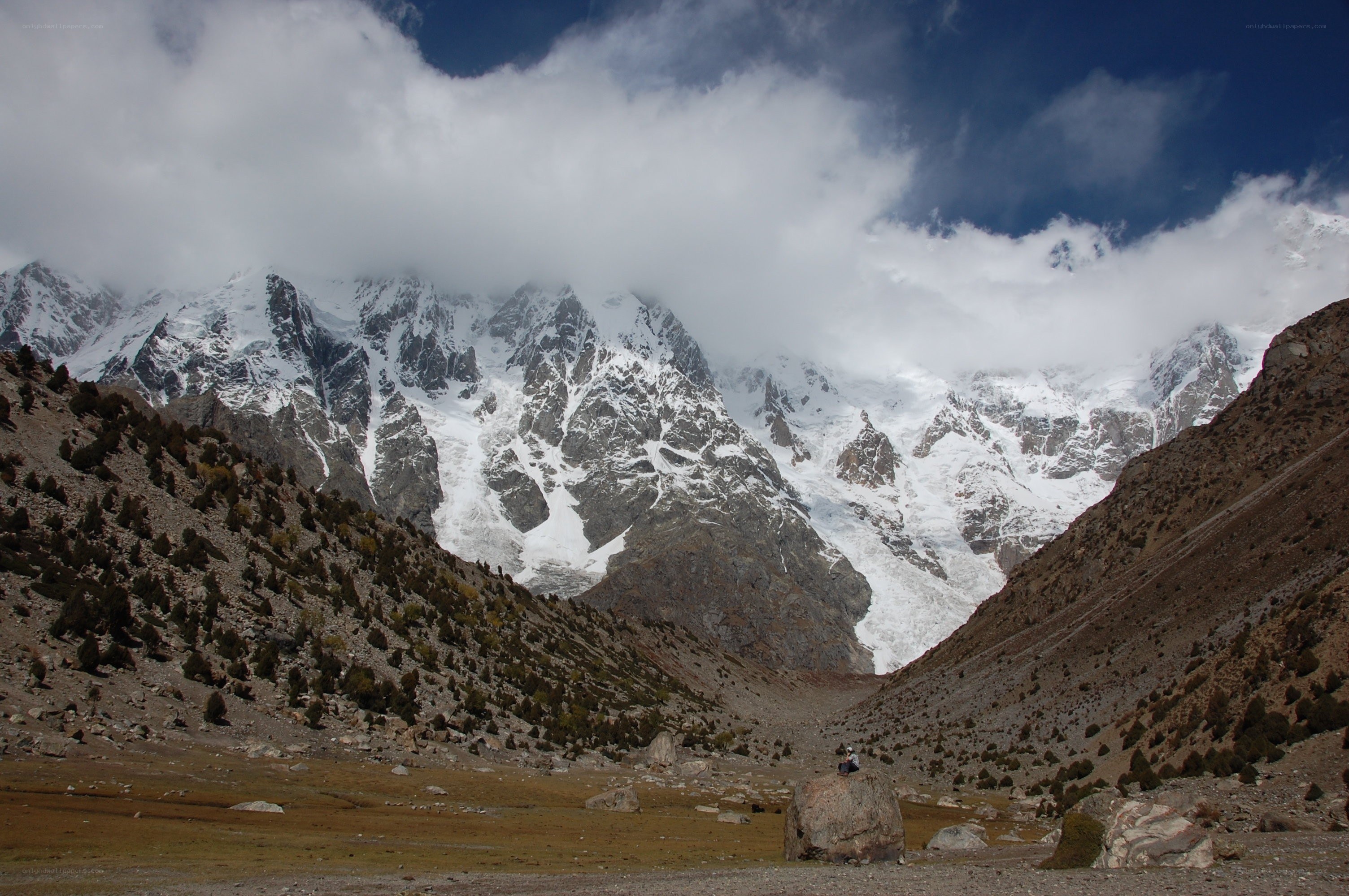 snow-capped mountains in valley