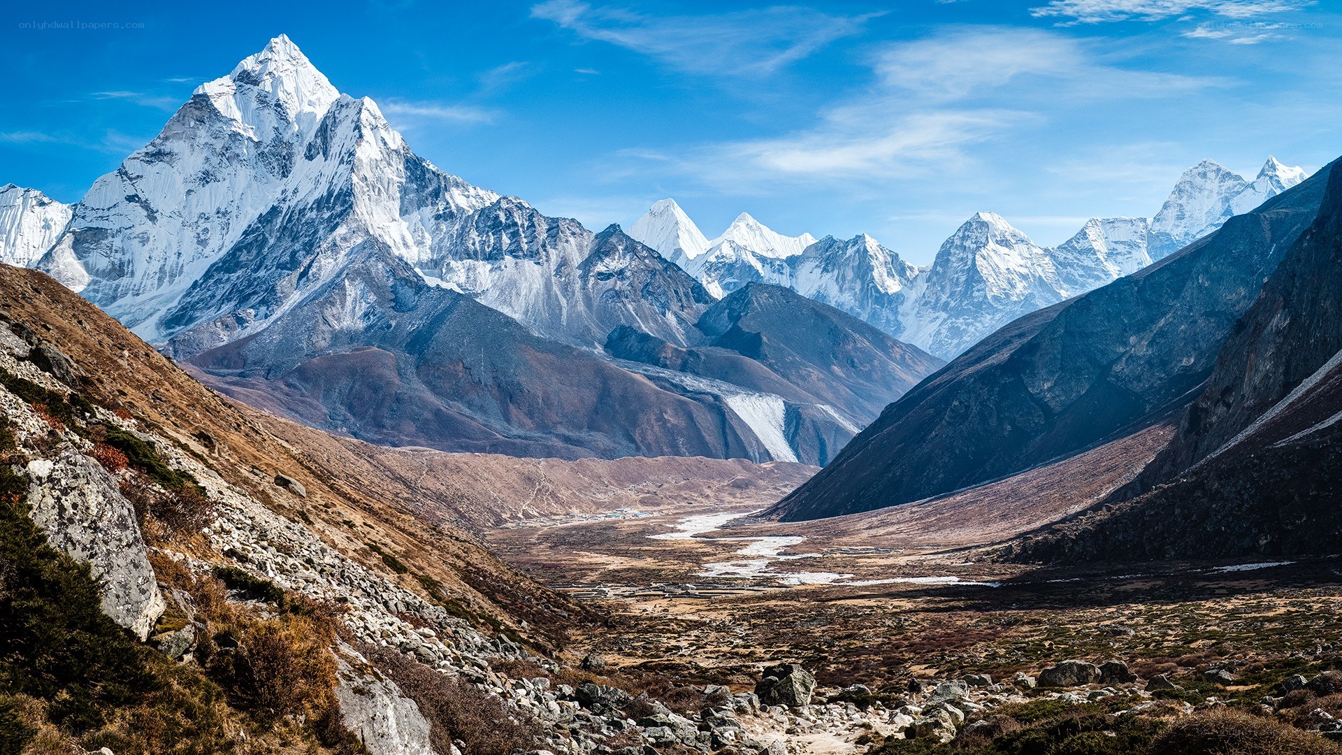 snow-capped mountains in valley