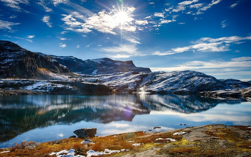 Snow-capped Mountains Lake — Blue, Serene, Afternoon, Photograph, Sun