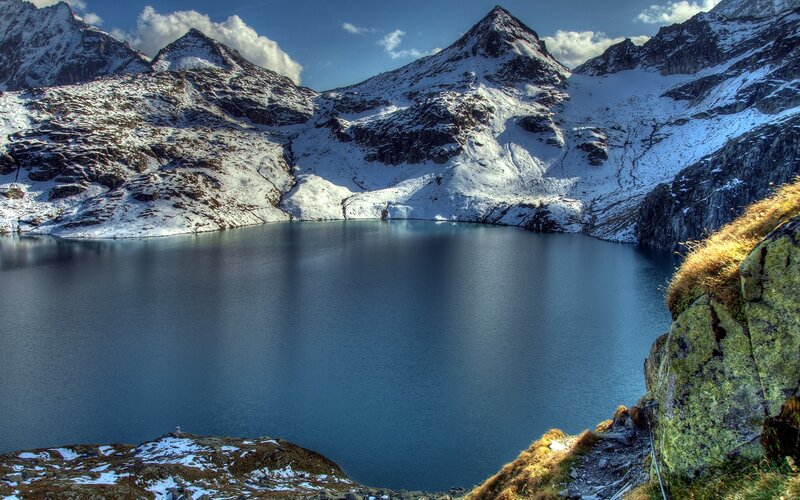 Snow-capped Mountains Lake — Blue, Serene, Afternoon, Photograph