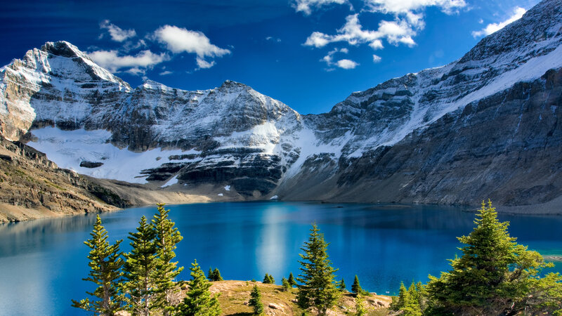 Snow-capped Mountains Lake — Blue, Serene, Afternoon