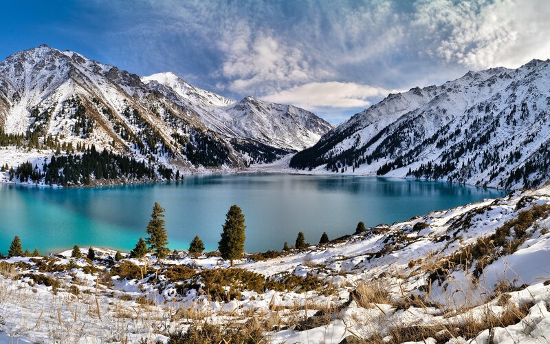 Snow-capped Mountains Lake — Blue, Serene