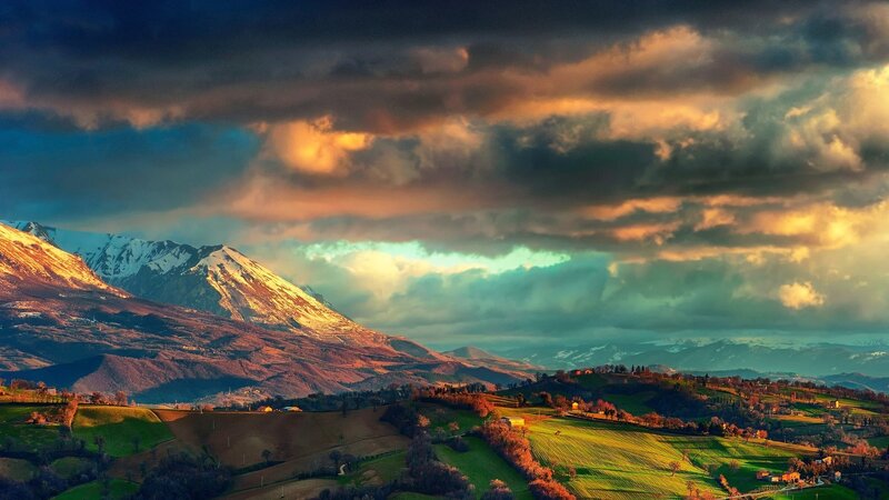Snow-capped Mountains Landscape — Green, Dramatic, Sunset, Photograph