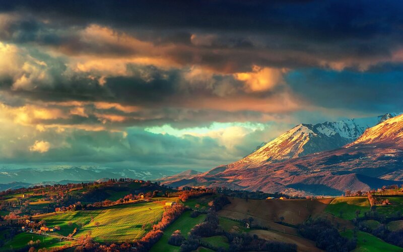 Snow-capped Mountains Landscape — Green, Dramatic, Sunset