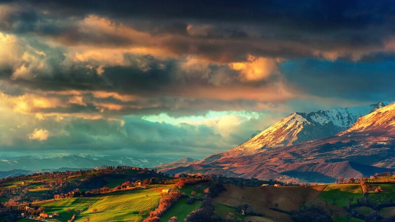 Snow-capped Mountains Landscape — Green, Dramatic