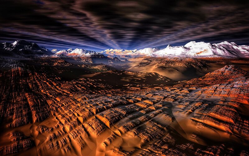 Snow-capped Mountains — Orange, Dramatic, Night