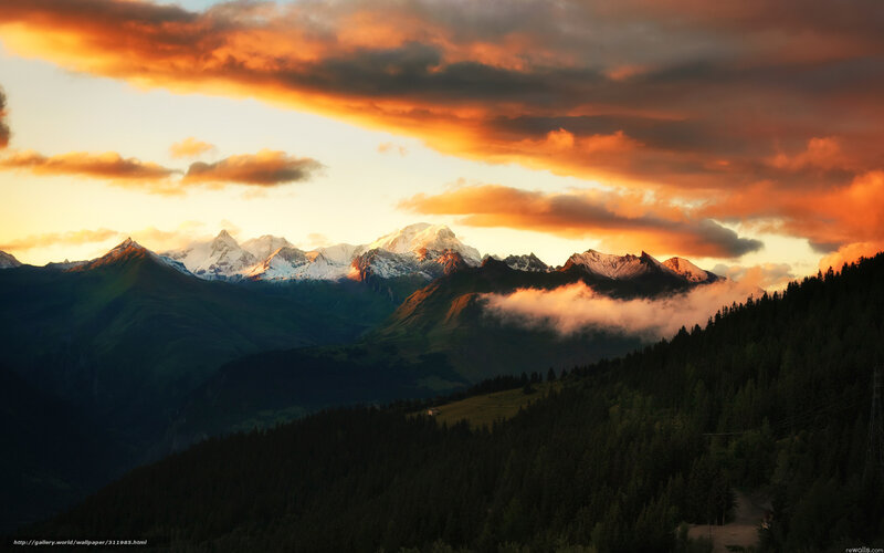 Snow-capped Mountains — Orange, Dramatic, Sunrise, Photograph, Clouds, Forest