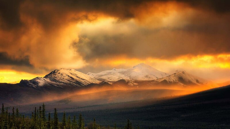 Snow-capped Mountains — Orange, Dramatic, Sunset, Photograph, Clouds, Forest