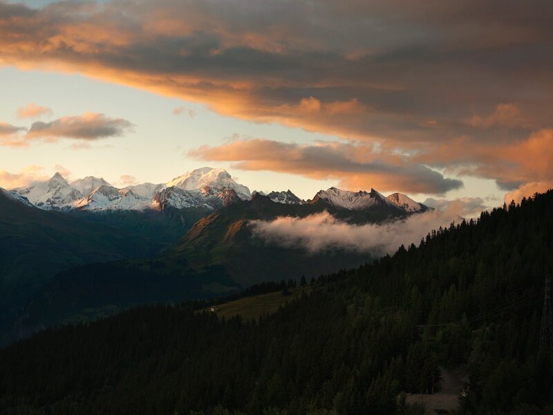 Snow-capped Mountains — Orange, Dramatic, Sunset, Photograph, Clouds, Forest, Valley
