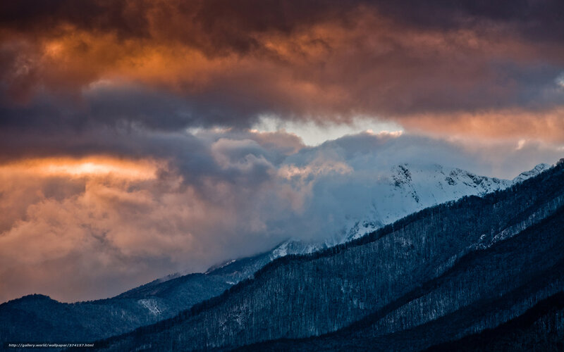 Snow-capped Mountains — Orange, Dramatic, Sunset, Photograph, Clouds, Forests