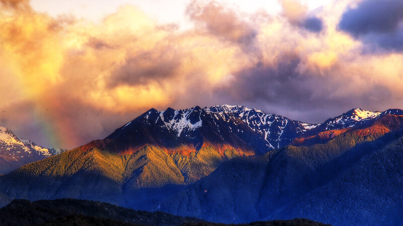 Snow-capped Mountains — Orange, Dramatic, Sunset, Photograph, Clouds, Rainbow