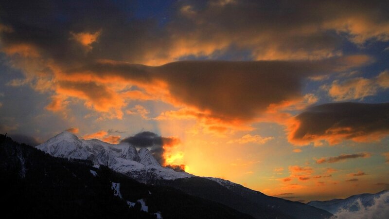 Snow-capped Mountains — Orange, Dramatic, Sunset, Photograph, Clouds, Sky, Blue