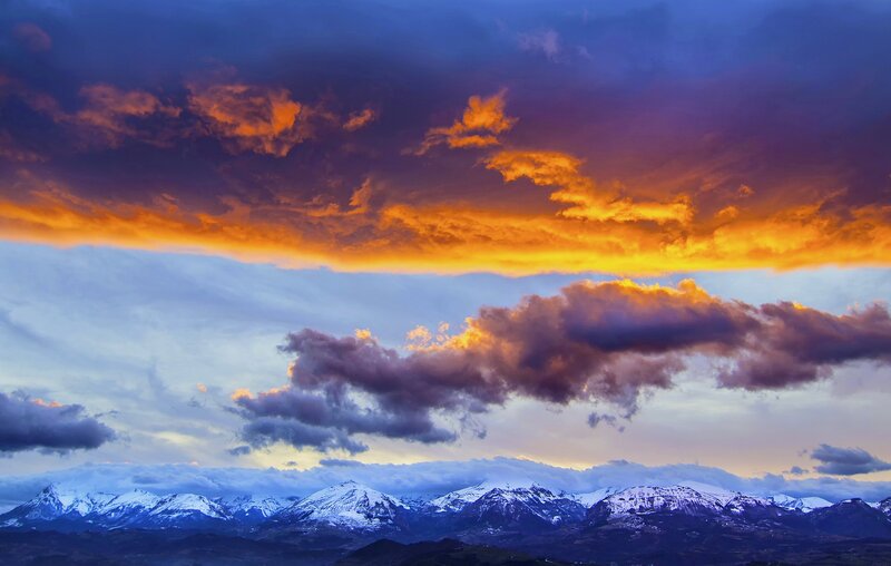 Snow-capped Mountains — Orange, Dramatic, Sunset, Photograph, Clouds, Sky