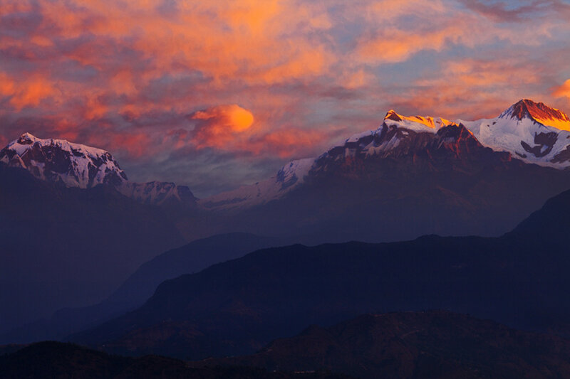 Snow-capped Mountains — Orange, Dramatic, Sunset, Photograph, Clouds, Sun