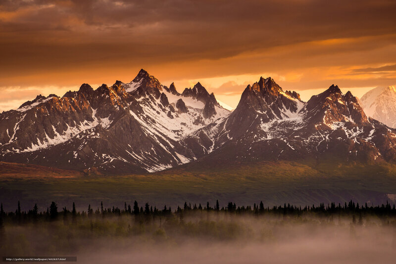 Snow-capped Mountains — Orange, Dramatic, Sunset, Photograph, Forest, Fog, Sky