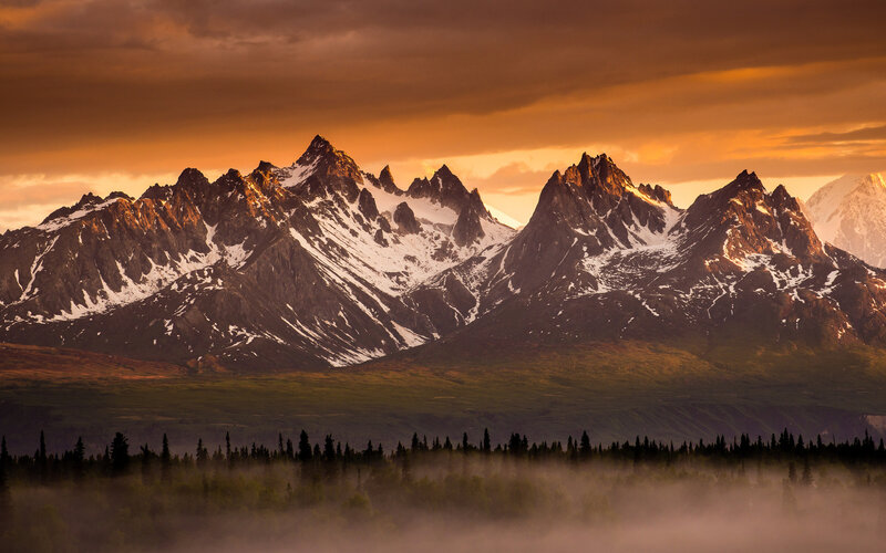 Snow-capped Mountains — Orange, Dramatic, Sunset, Photograph, Forest, Fog