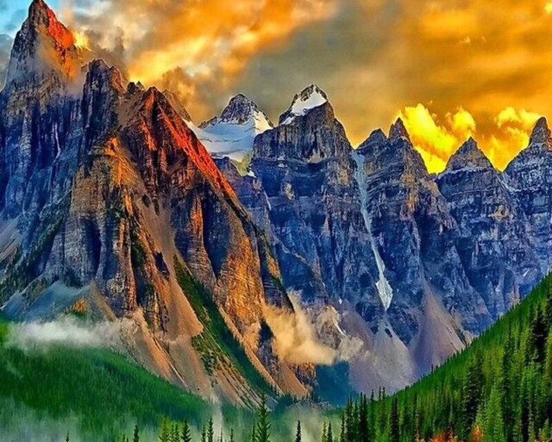 Snow-capped Mountains — Orange, Dramatic, Sunset, Photograph, Forests, Clouds
