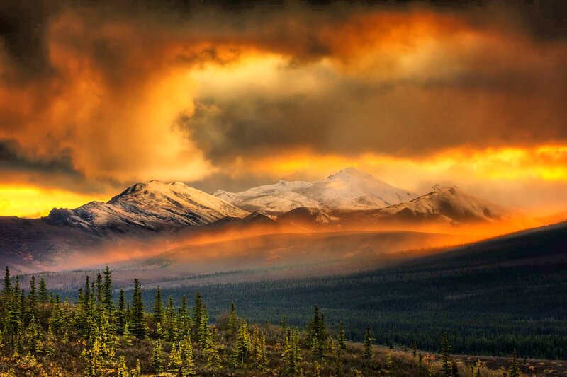 Snow-capped Mountains — Orange, Dramatic, Sunset, Photograph, Forests