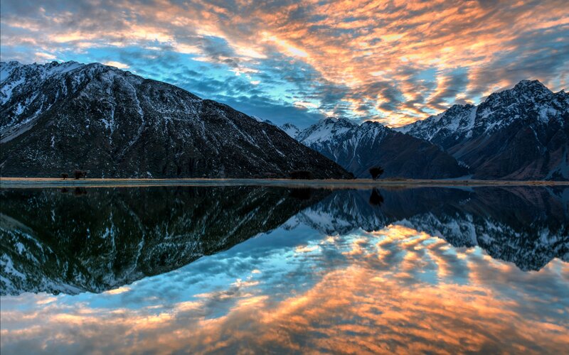 Snow-capped Mountains — Orange, Dramatic, Sunset, Photograph, Lake, Clouds