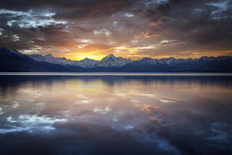 Snow-capped Mountains — Orange, Dramatic, Sunset, Photograph, Lake, Sky, Clouds
