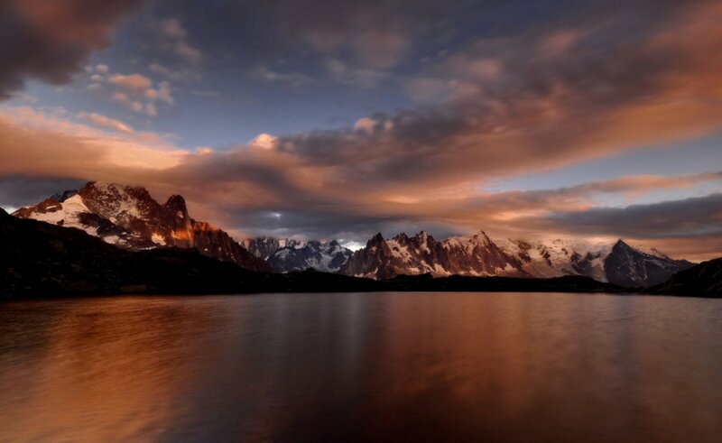 Snow-capped Mountains — Orange, Dramatic, Sunset, Photograph, Lake, Sky