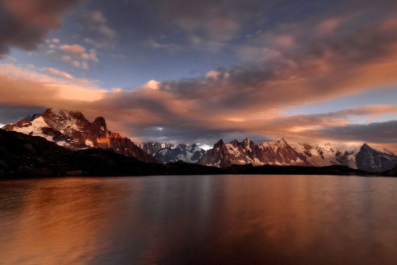 Snow-capped Mountains — Orange, Dramatic, Sunset, Photograph, Lake