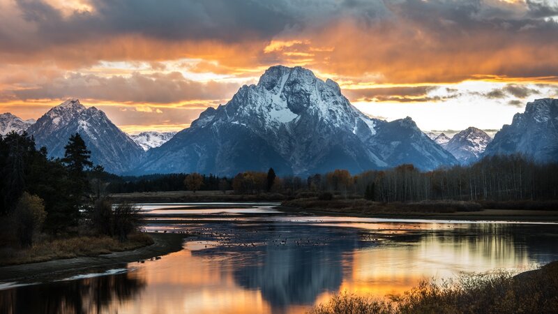 Snow-capped Mountains — Orange, Dramatic, Sunset, Photograph, River, Trees