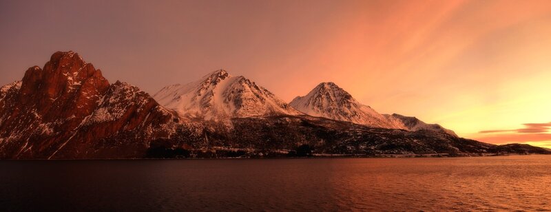 Snow-capped Mountains — Orange, Dramatic, Sunset, Photograph, Water, Sky