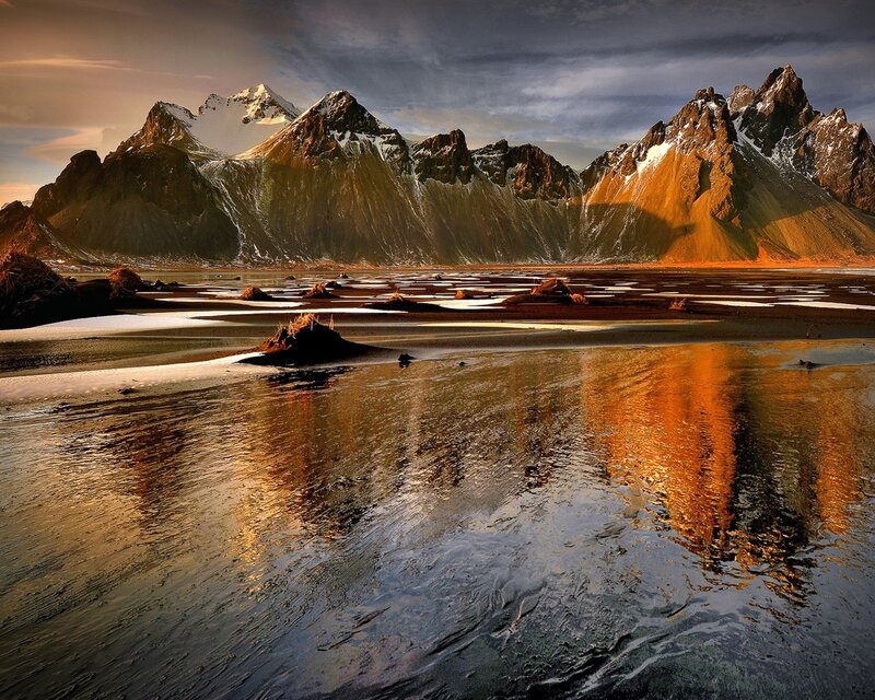 Snow-capped Mountains — Orange, Dramatic, Sunset, Photograph, Water