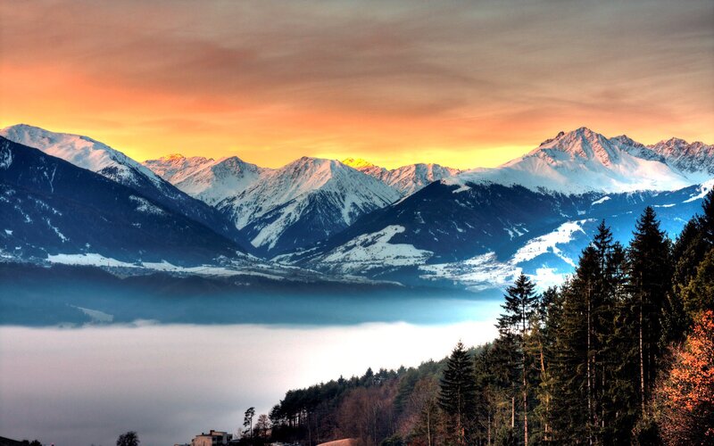 Snow-capped Mountains — Orange, Serene, Sunrise, Photograph, Fog