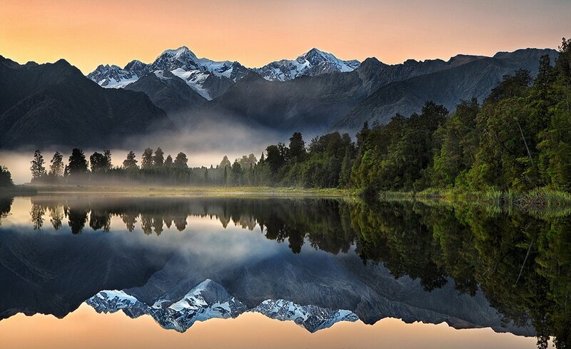 Snow-capped Mountains — Orange, Serene, Sunrise, Photograph, Lake