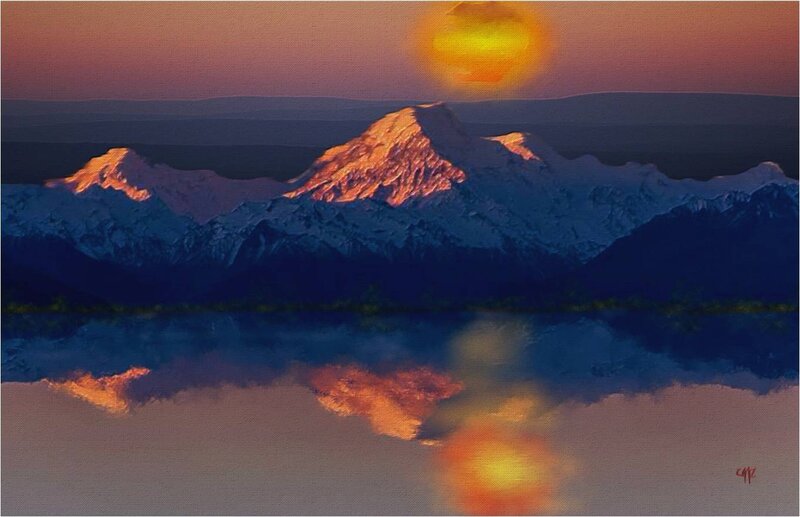 Snow-capped Mountains — Orange, Serene, Sunset, Painting