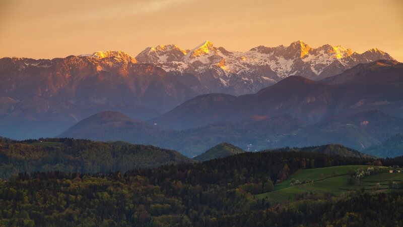 Snow-capped Mountains — Orange, Serene, Sunset, Photograph, Forests