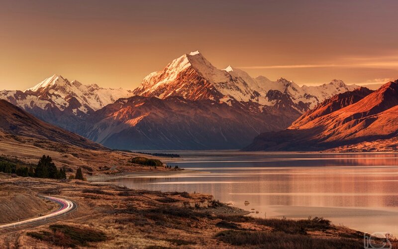 Snow-capped Mountains — Orange, Serene, Sunset, Photograph, Lake