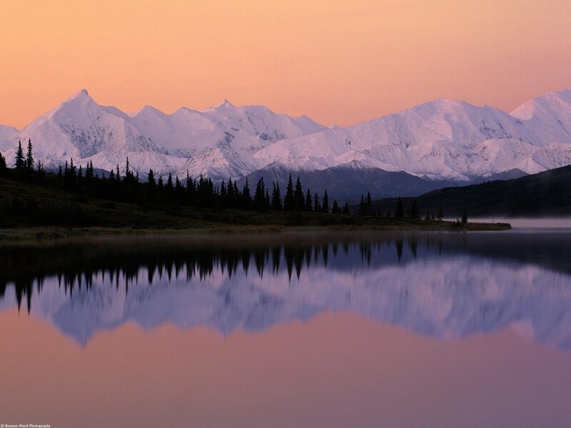 Snow-capped Mountains — Orange, Serene, Sunset, Photograph, Lake, Trees