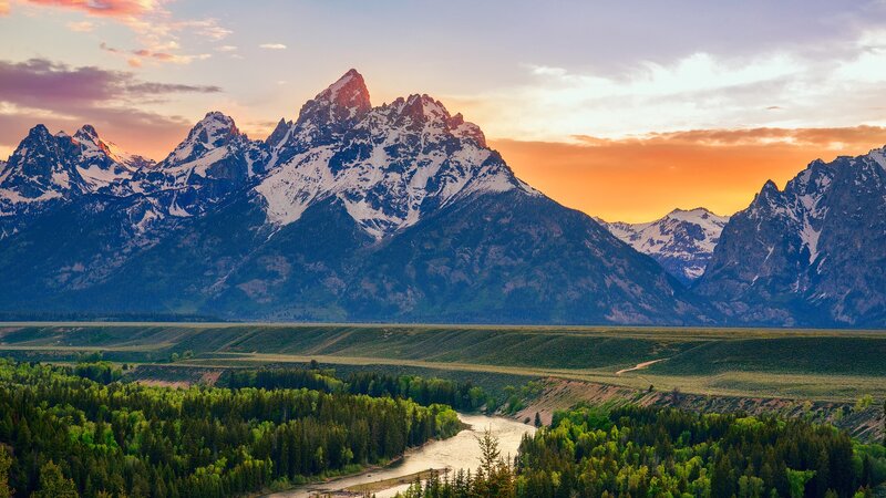 Snow-capped Mountains — Orange, Serene, Sunset, Photograph, River