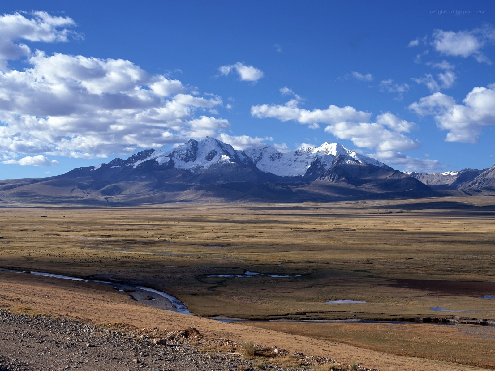 Snow-capped mountains over a vast plain