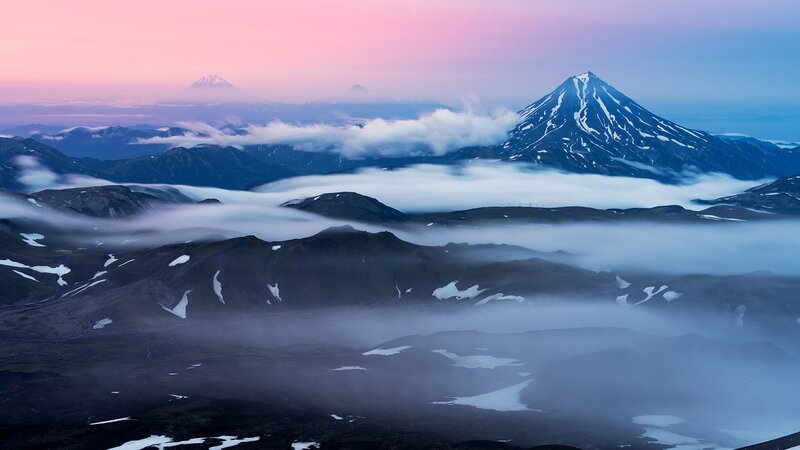 Snow-capped Mountains — Pink, Serene, Sunrise, Photograph, Clouds, Volcanoes