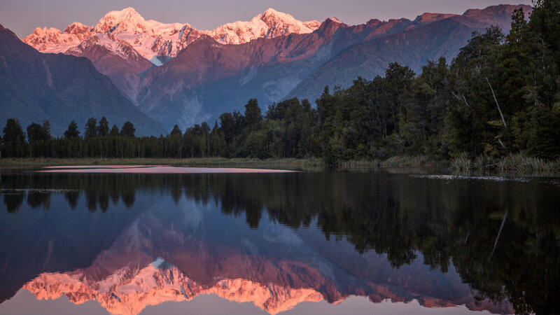 Snow-capped Mountains — Pink, Serene, Sunrise, Photograph, Lake