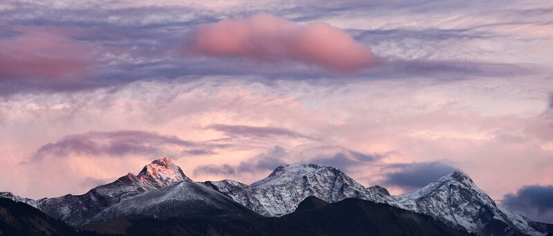 Snow-capped Mountains — Pink, Serene, Sunset, Photograph, Clouds, Sky