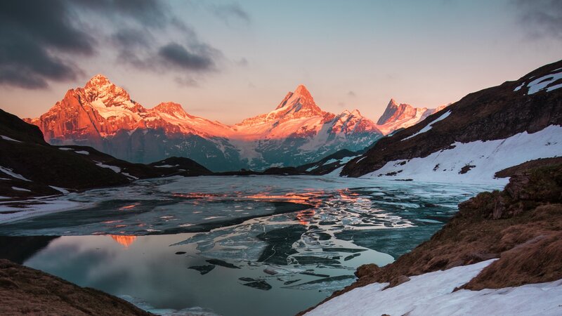 Snow-capped Mountains — Pink, Serene, Sunset, Photograph, Frozen Lake