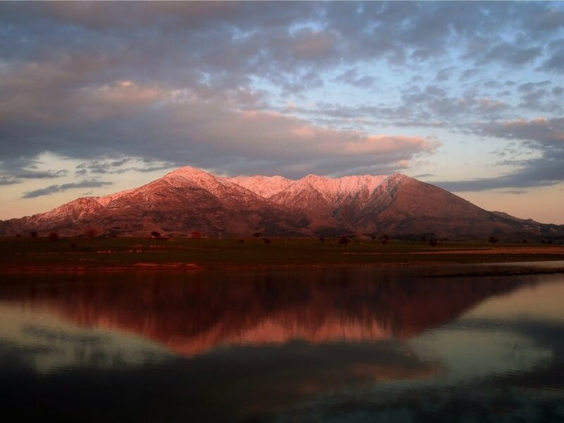 Snow-capped Mountains — Pink, Serene, Sunset, Photograph, Lake, Sky, Blue