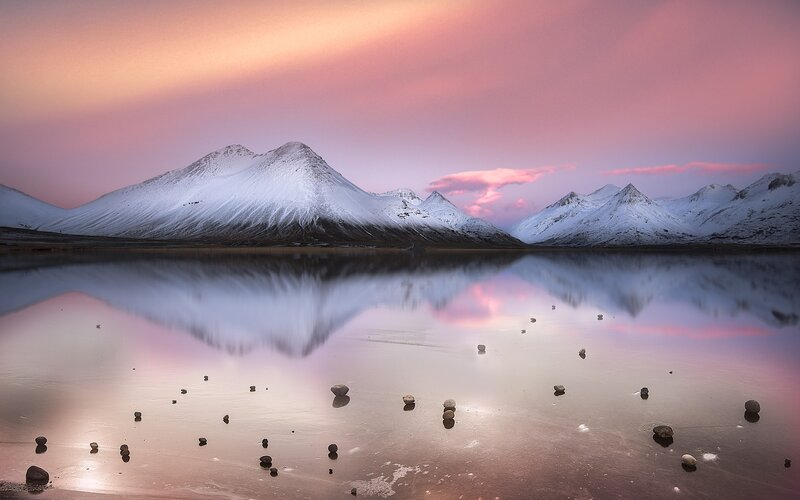 Snow-capped Mountains — Pink, Serene, Sunset, Photograph, Lake, Sky